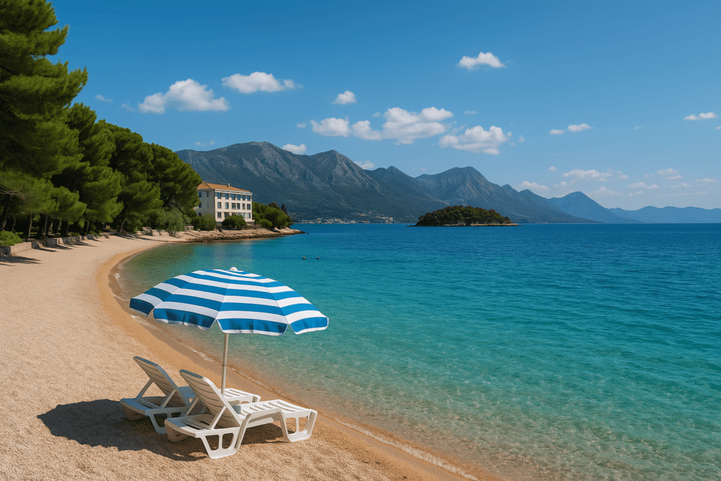 Suncobran i ležaljke na plaži.